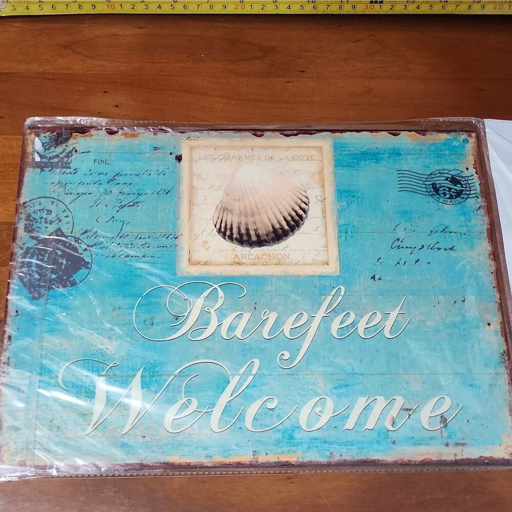 Barefoot Welcome Beach Nautical Wood Hanging Wall Sign Blue/White 14x11in